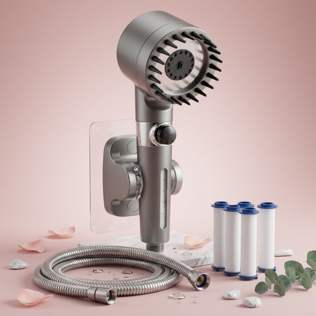 Handheld filtered shower head set with flexible hose