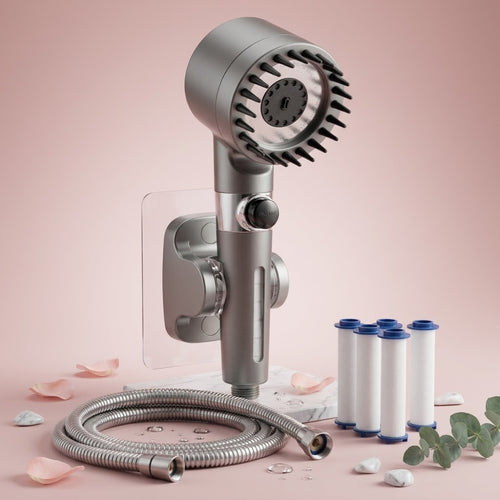 Handheld filtered shower head set with flexible hose