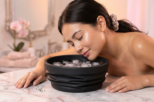 Foldable facial ice bowl filled with ice water for a skincare ritual