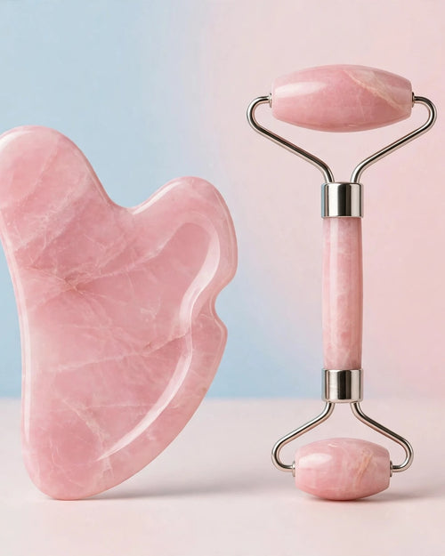 Frost Glow pink gua sha stone and matching pink facial roller