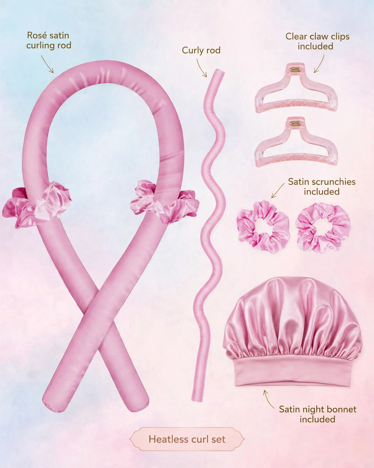 Heatless curl set description, main rod, curly rod, scrunchies, clips, bonnet