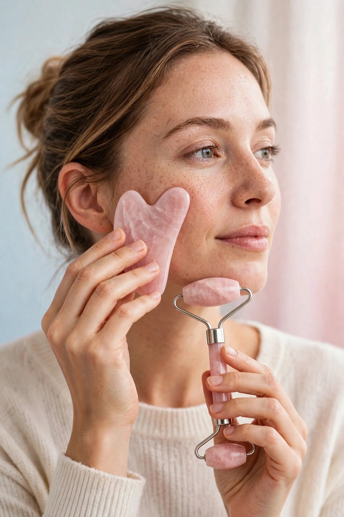 Woman using the Rosé gua sha stone and roller at true size, hands natural
