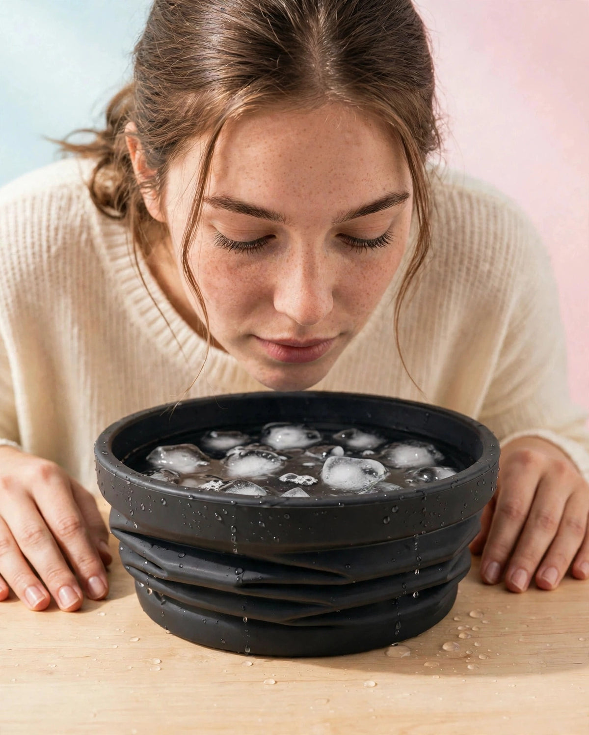 Woman leaning over the Frost Glow ice bowl at true size, face just above the ice water