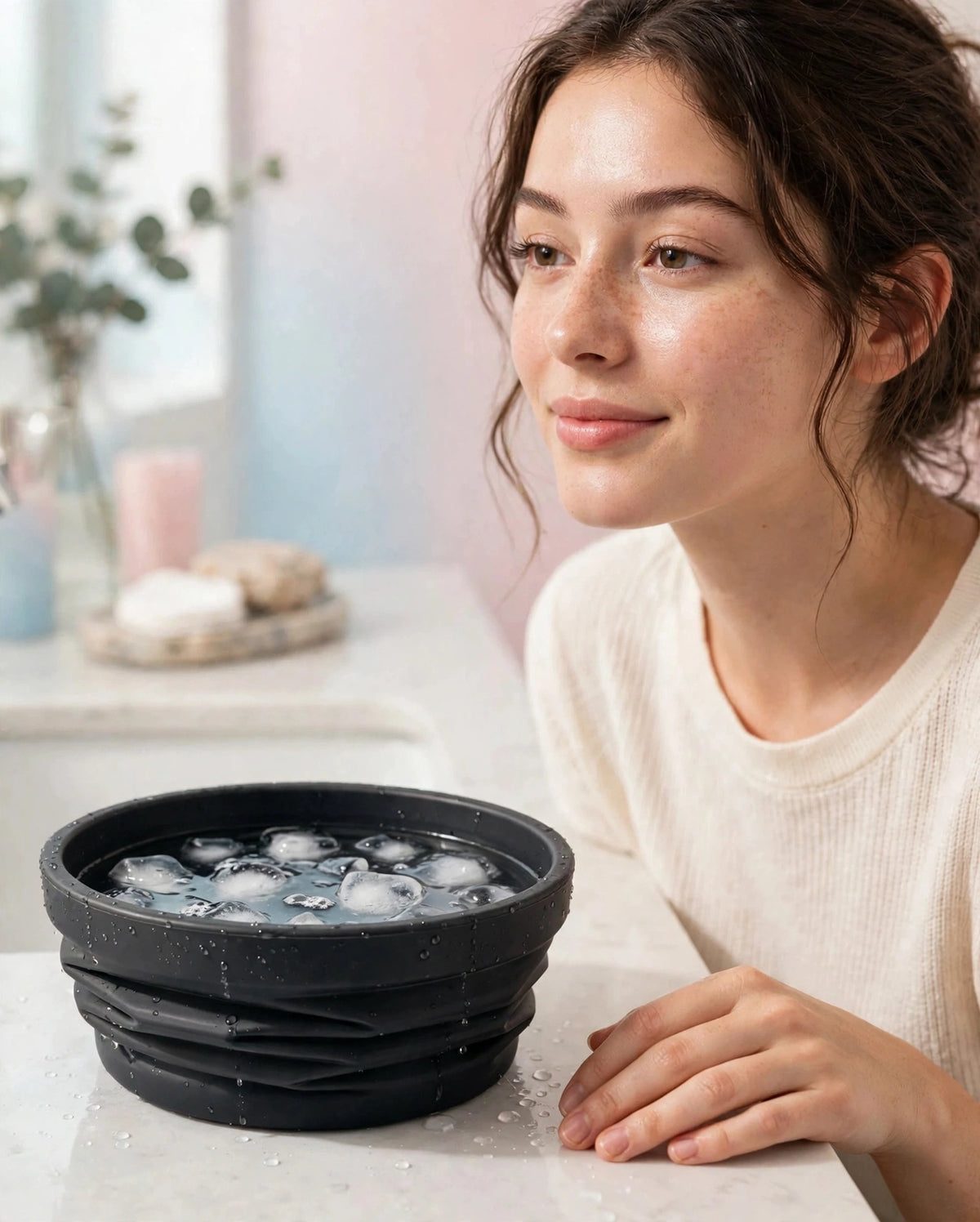 Fresh morning face at the vanity, Frost Glow ice bowl at true size on the counter