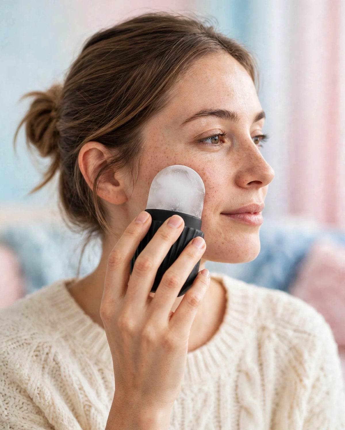 Woman rolling the Onyx ice roller at true size on her cheek, hand natural