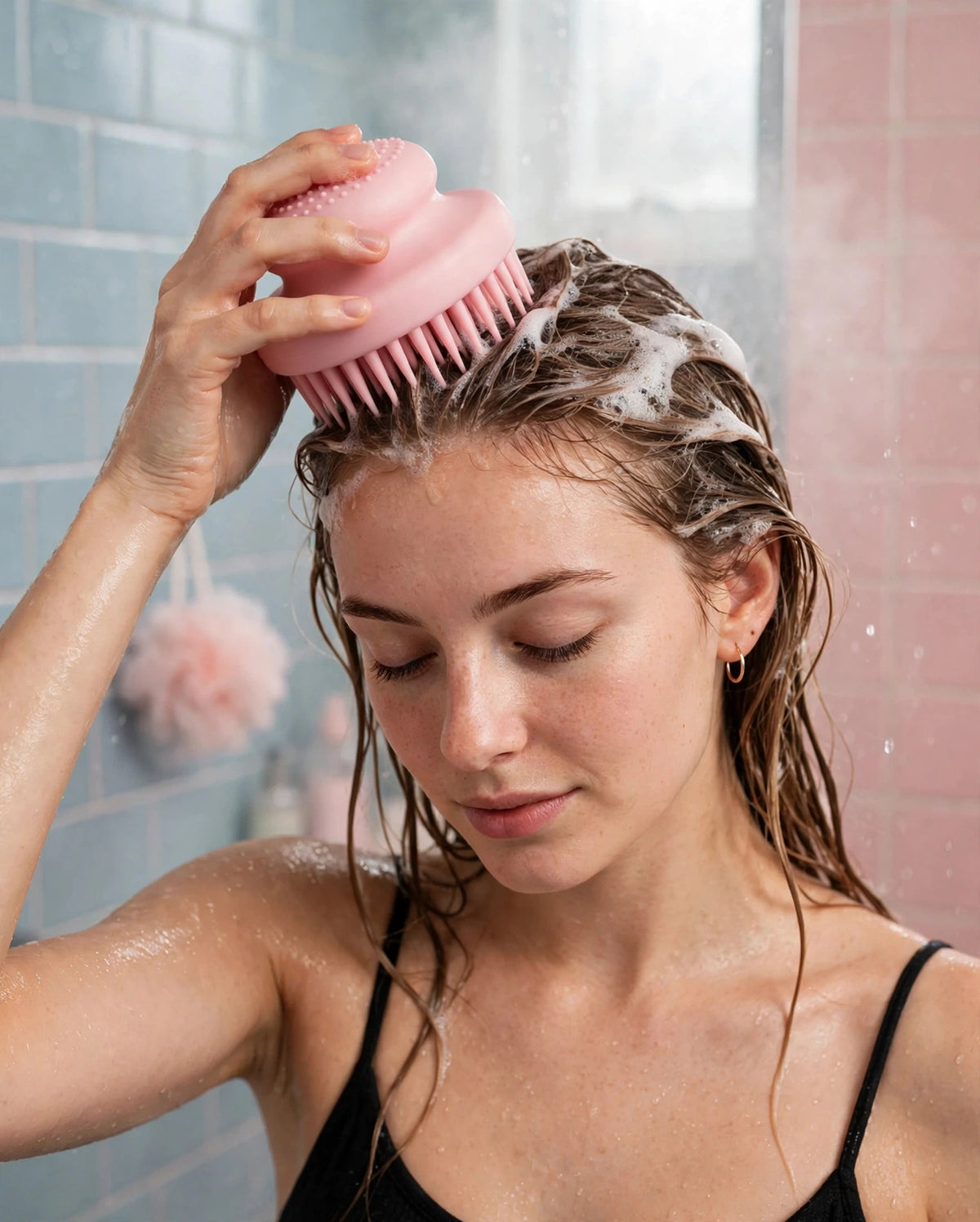 Woman using the Blush scalp brush at true size in the shower, hand natural