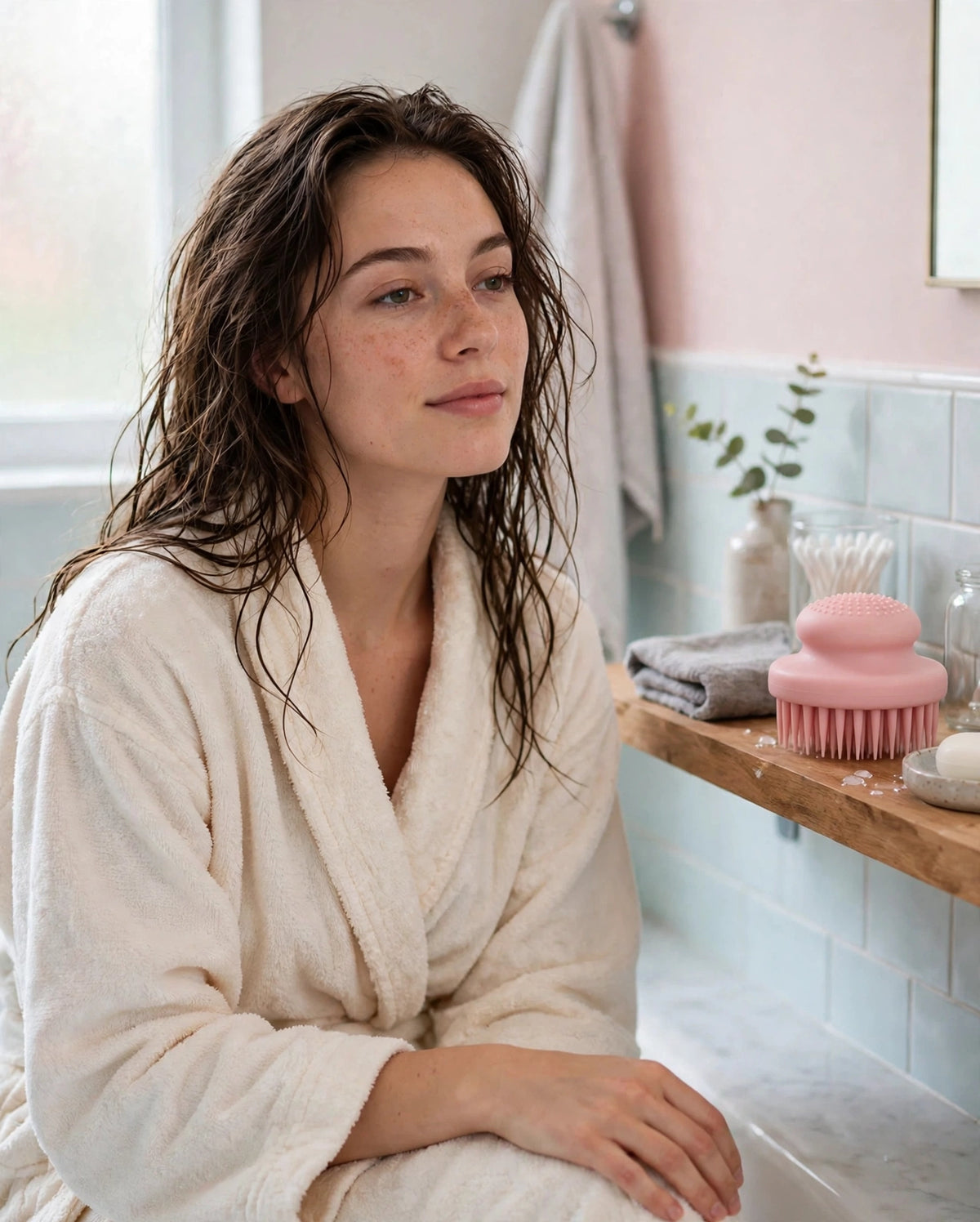 Fresh washed hair in a robe, scalp brush at true size on the shelf