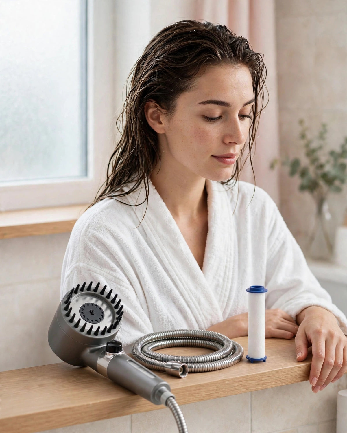 Fresh post-shower in a robe, filtered shower head and filter at true size on the shelf