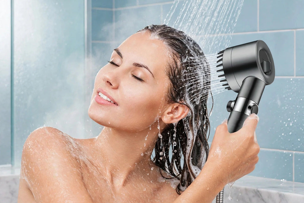 Person using the handheld filtered shower head in a bathroom