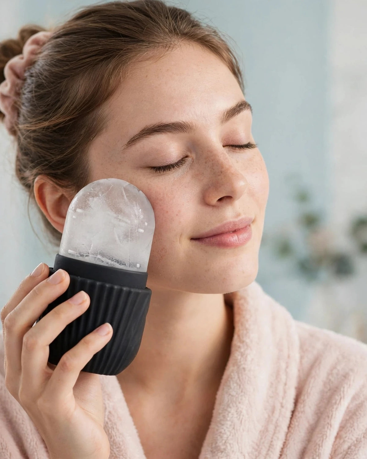 Woman holding the Frost Glow ice roller to her cheek