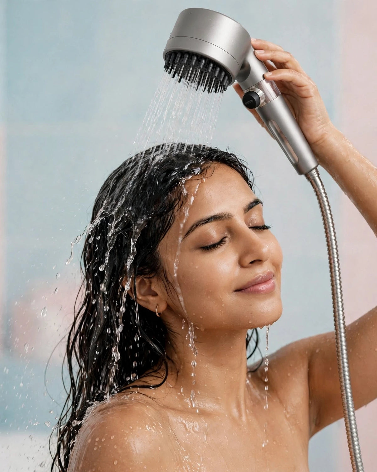 Indian woman bathing under the Frost Glow grey filtered handheld shower head