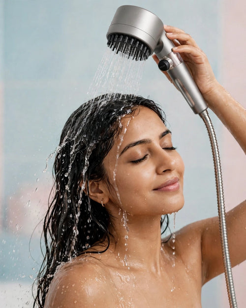 Indian woman bathing under the Frost Glow grey filtered handheld shower head